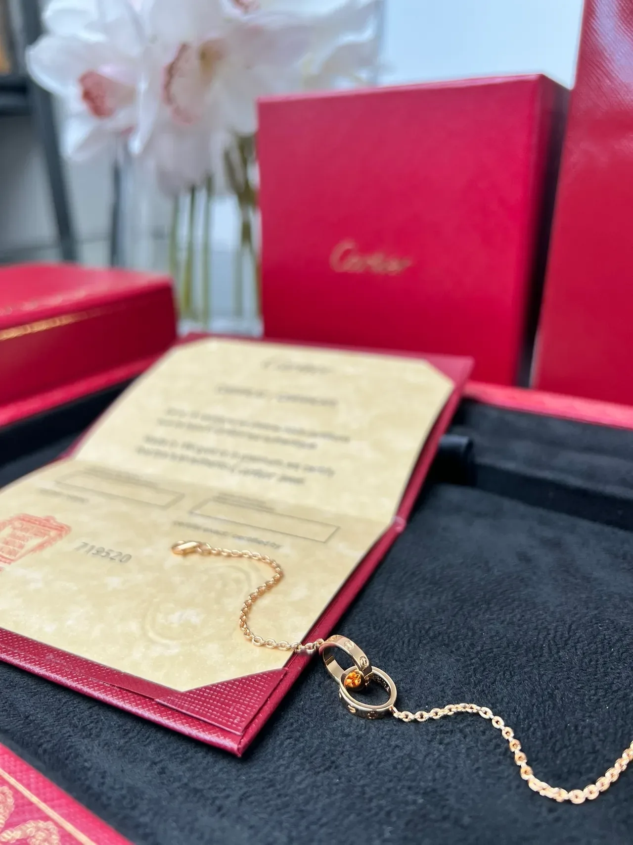 Pulsera Cartier Cadena Dorada Roja Delgada Motivo Circular Central 5