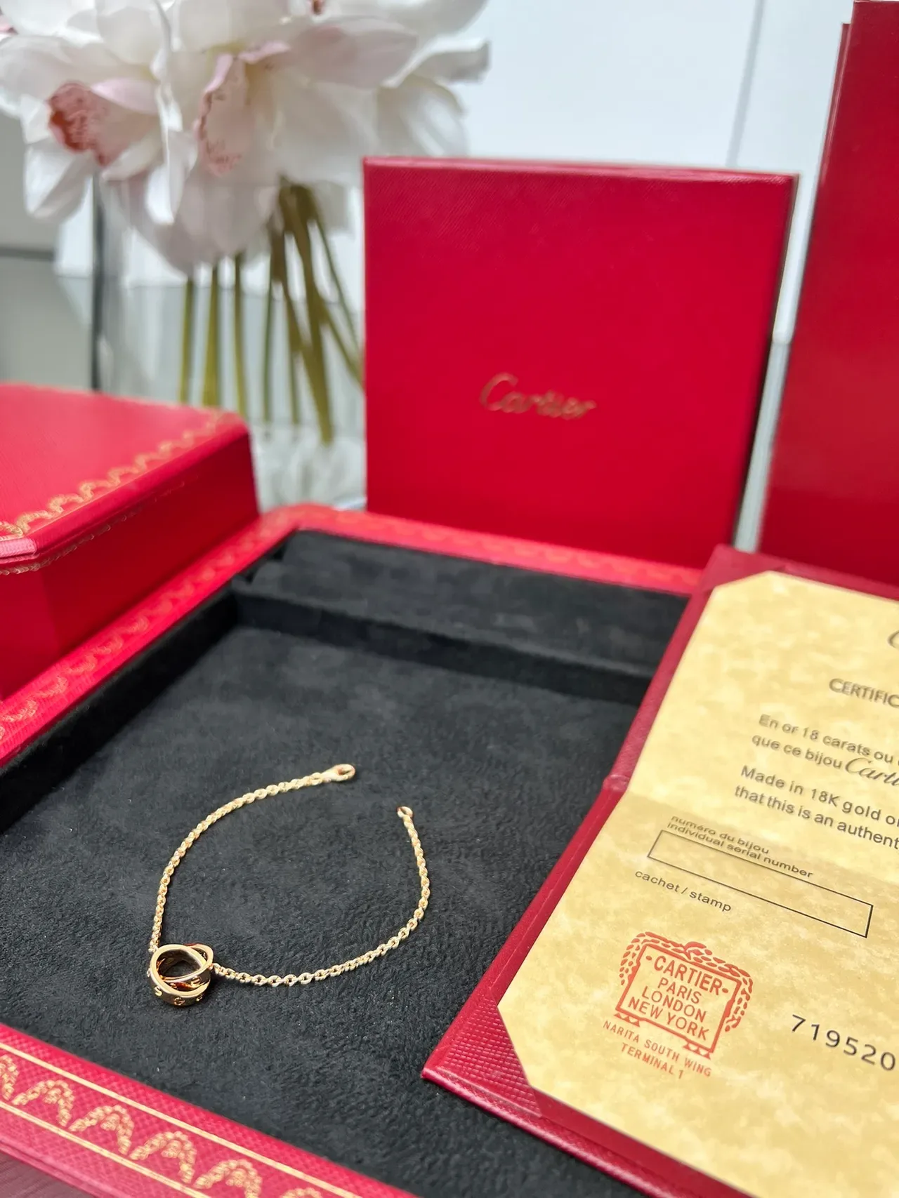 Pulsera Cartier Cadena Dorada Roja Delgada Motivo Circular Central 7
