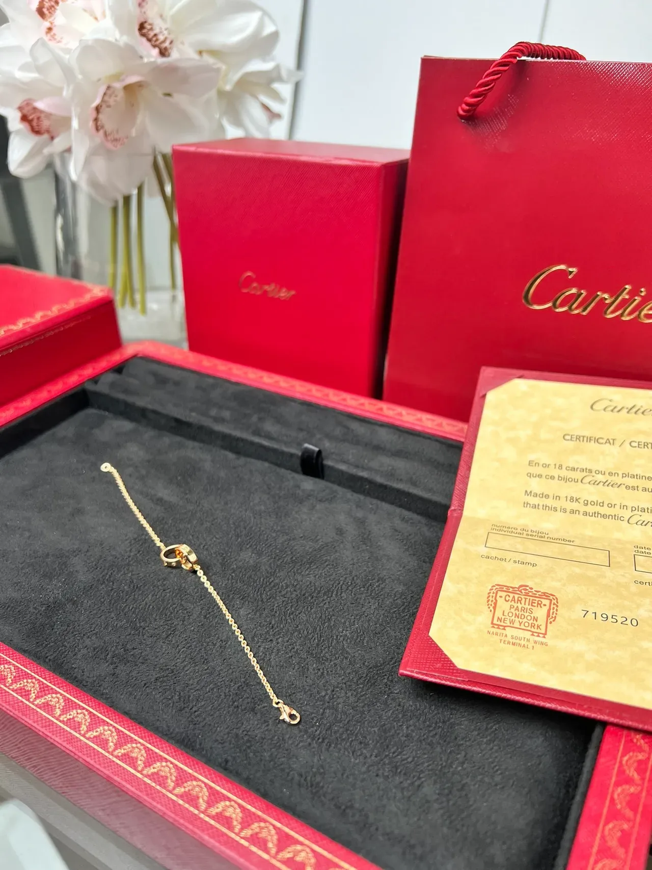 Pulsera Cartier Cadena Dorada Roja Delgada Motivo Circular Central 8