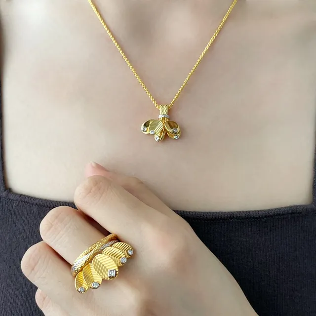 Cartier Gold Silver Leaf Pendant Diamond-Accented Necklace 8