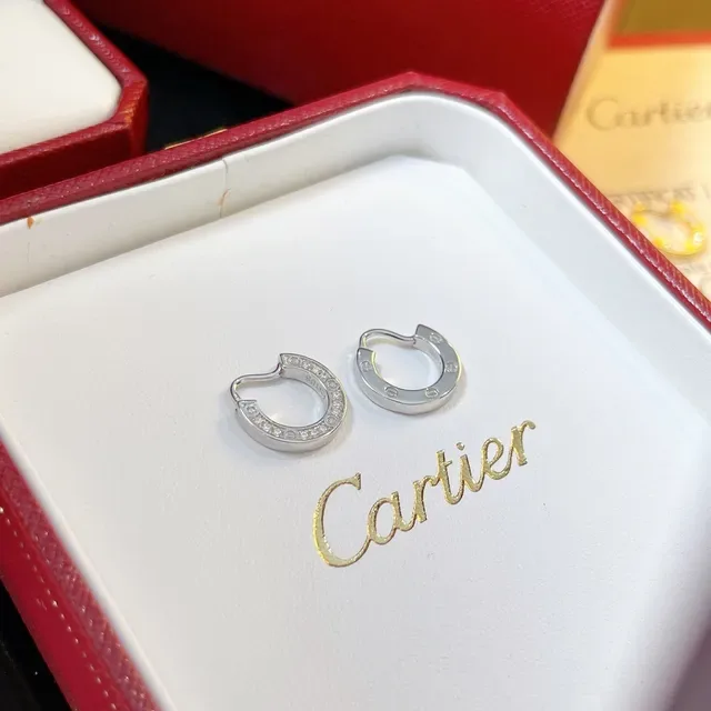 Cartier Boucles d'Oreilles en Or et Argent, Ouvertes en Forme de C, avec Pierres Pavé 5