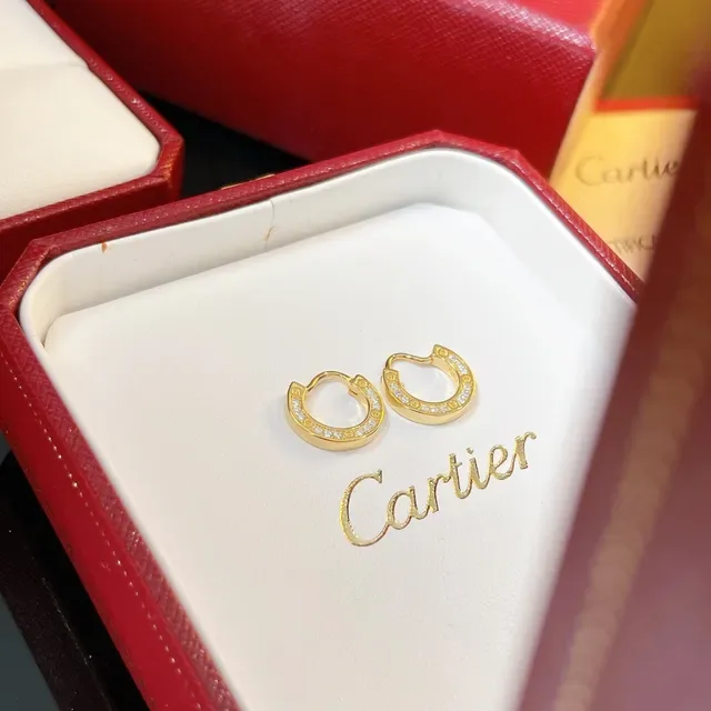 Cartier Boucles d'Oreilles en Or et Argent, Ouvertes en Forme de C, avec Pierres Pavé 7