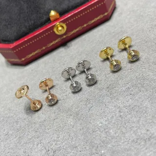 Cartier أقراط ذهبية فضية بحافة محفورة حجر دائري واحد