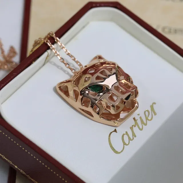 Cartier Panthère সোনা সবুজ প্যানথার হেড পেন্ডেন্ট ওপেনওয়ার্ক মেটাল নেকলেস 4