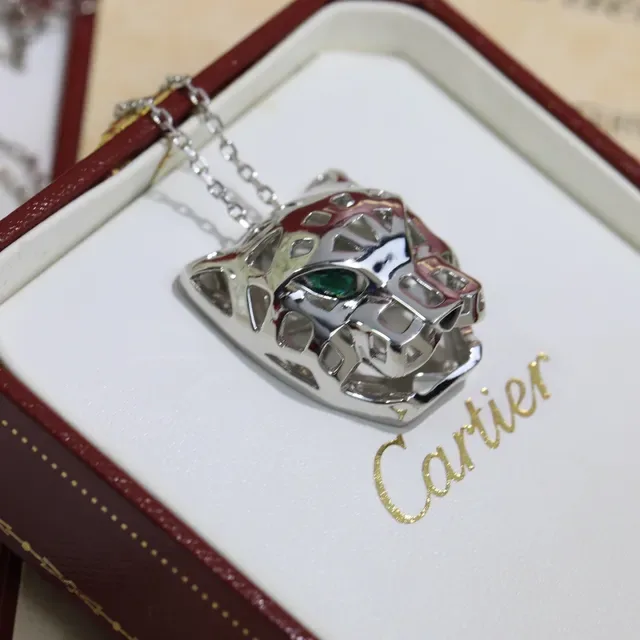 Cartier Panthère সোনা সবুজ প্যানথার হেড পেন্ডেন্ট ওপেনওয়ার্ক মেটাল নেকলেস 5