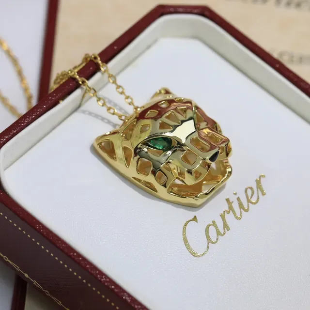 Cartier Panthère সোনা সবুজ প্যানথার হেড পেন্ডেন্ট ওপেনওয়ার্ক মেটাল নেকলেস 6