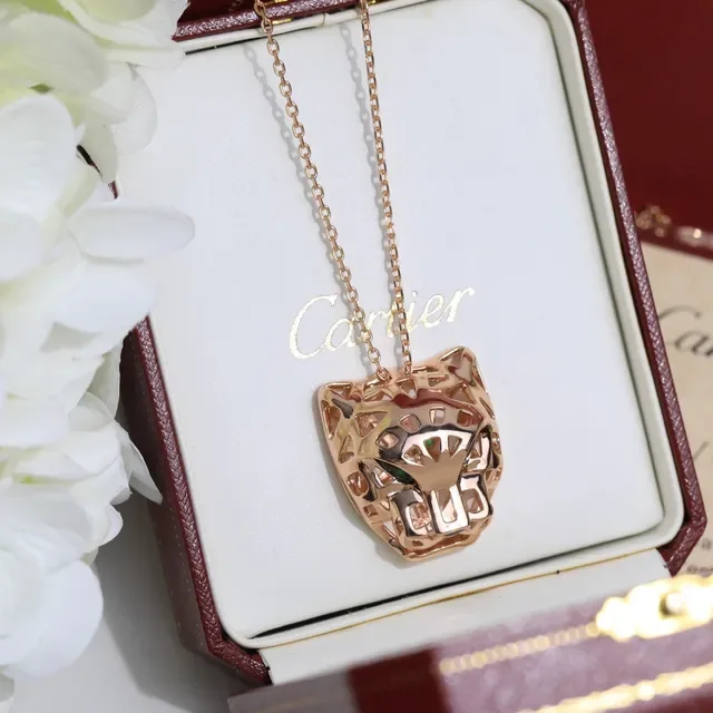 Cartier Panthère সোনা সবুজ প্যানথার হেড পেন্ডেন্ট ওপেনওয়ার্ক মেটাল নেকলেস 9