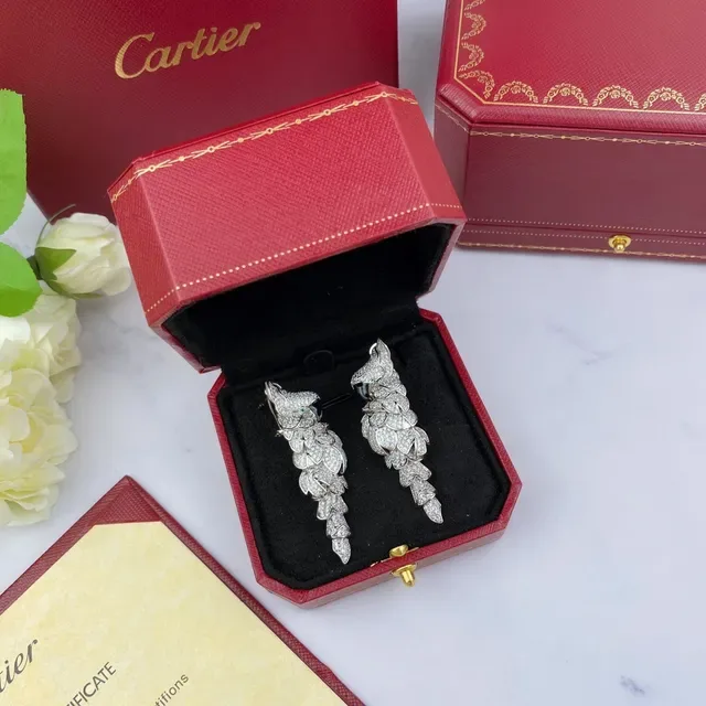 Cartier أقراط فضة أسود بلوريات شكل ورقة عين أونيكس 8