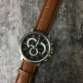 Casio Beside Chronograph काला डायल भूरी चमड़े की पट्टी क्वार्ट्ज घड़ी