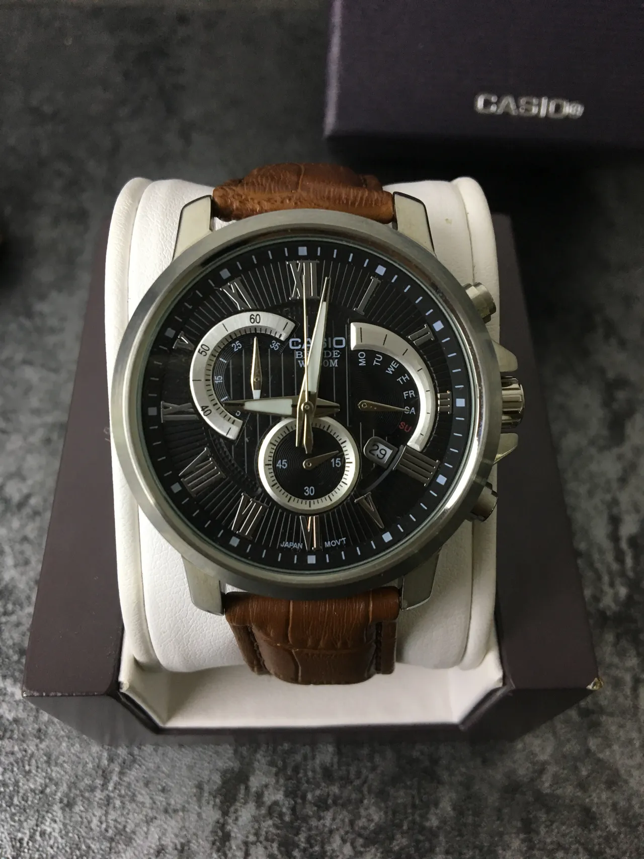 Casio Beside Chronograph কালো ডায়াল বাদামী চামড়ার ফিতা কোয়ার্টজ ঘড়ি 2