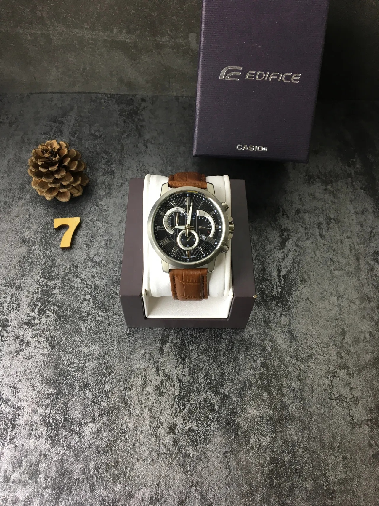 Casio Beside Chronograph কালো ডায়াল বাদামী চামড়ার ফিতা কোয়ার্টজ ঘড়ি 3