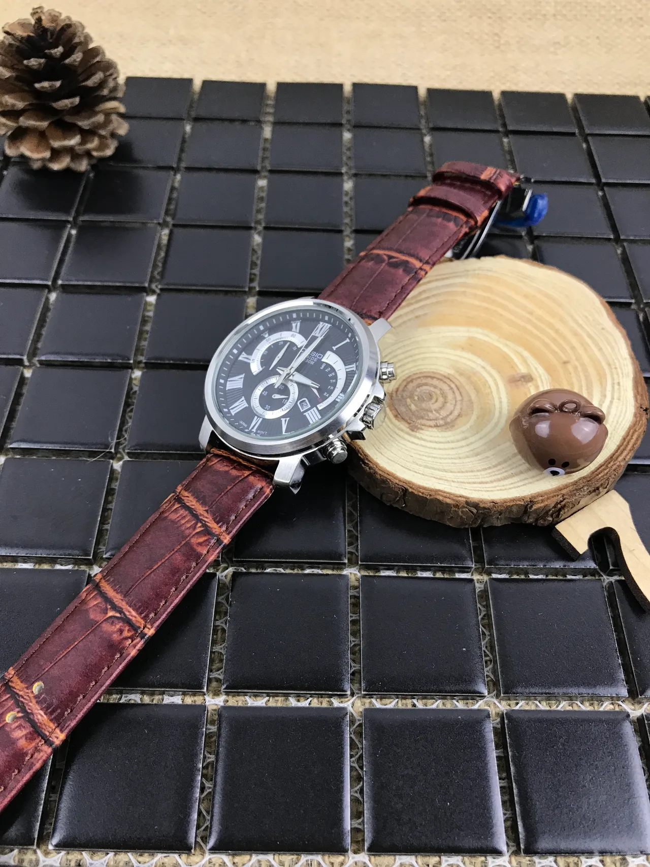 Casio Beside Chronograph কালো ডায়াল বাদামী চামড়ার ফিতা কোয়ার্টজ ঘড়ি 7