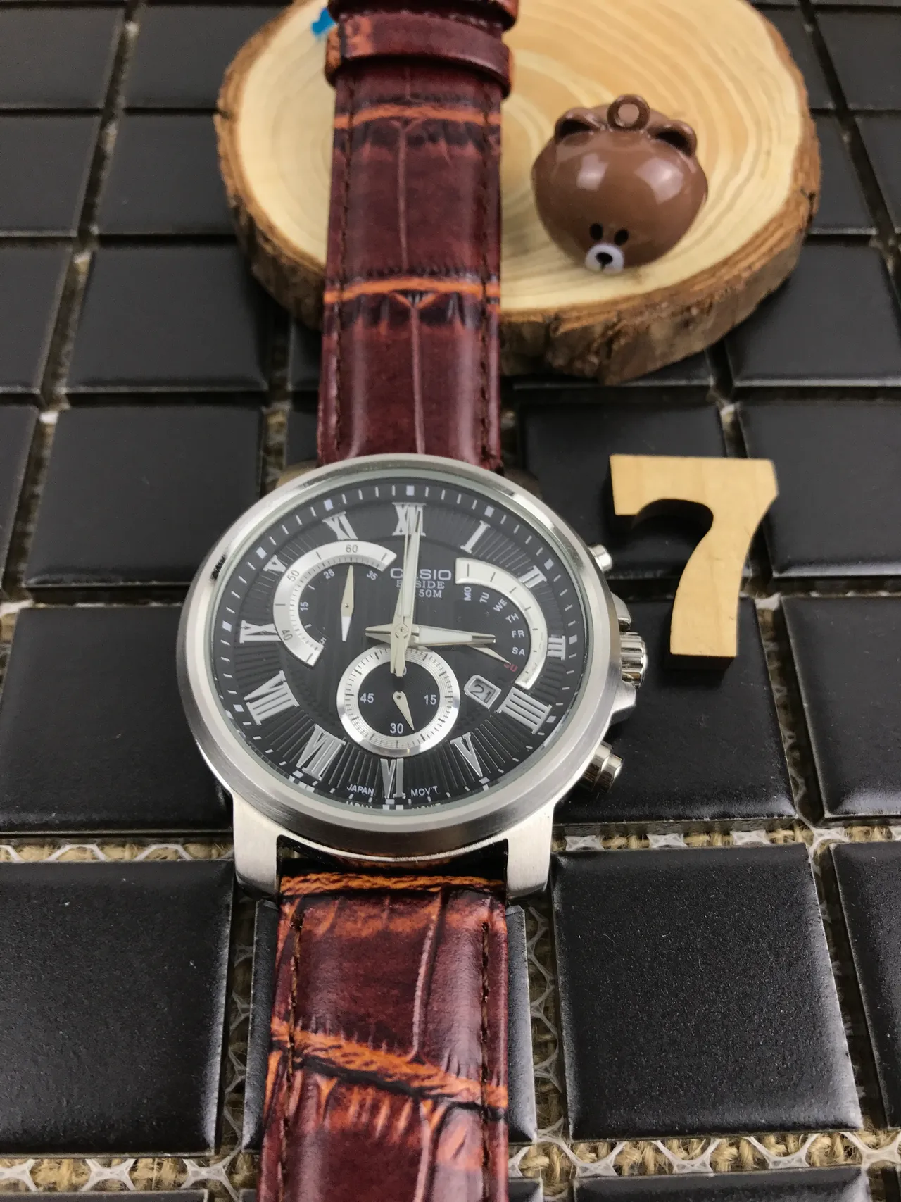 Casio Beside Chronograph কালো ডায়াল বাদামী চামড়ার ফিতা কোয়ার্টজ ঘড়ি 9