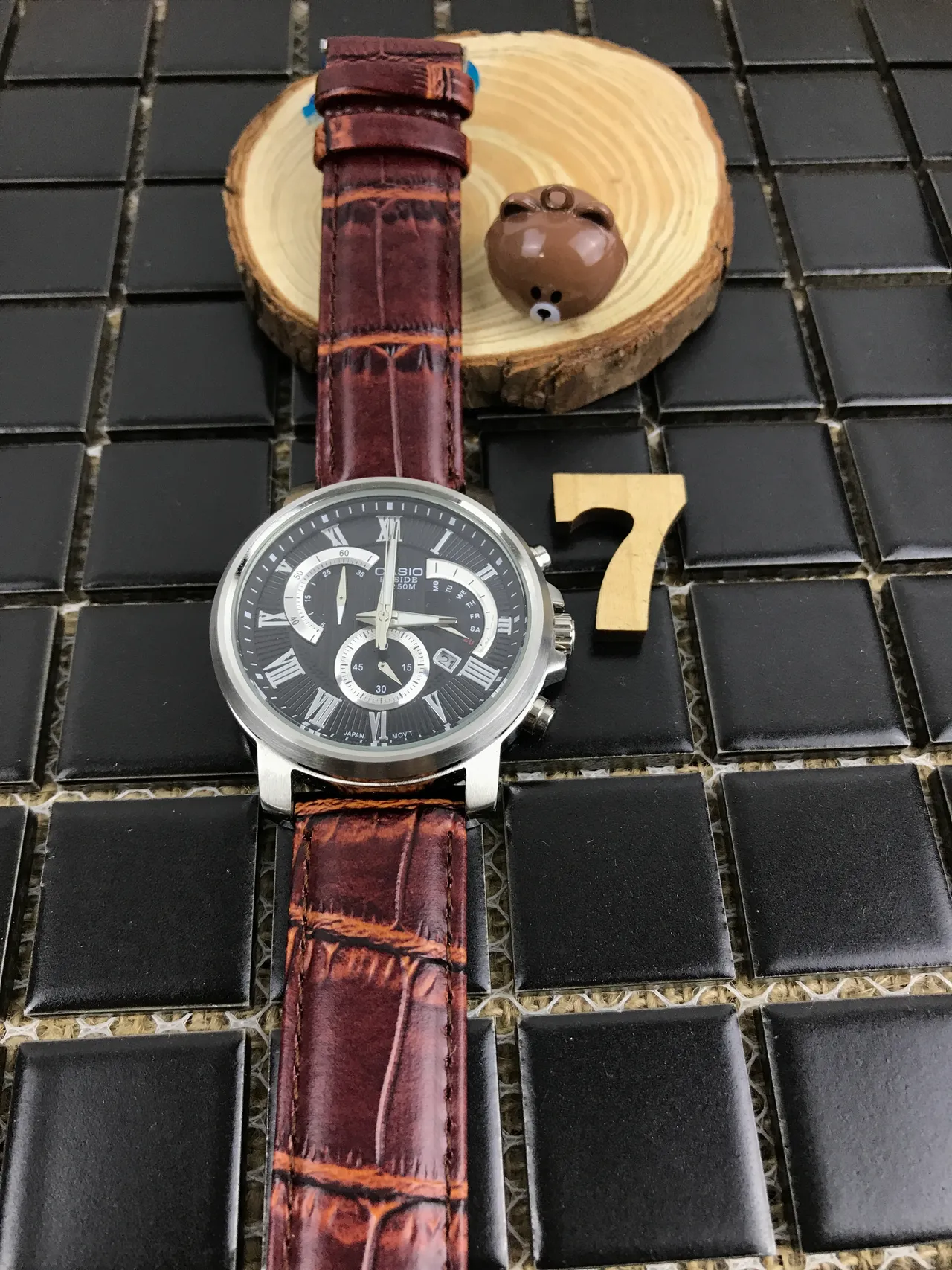 Casio Beside Chronograph কালো ডায়াল বাদামী চামড়ার ফিতা কোয়ার্টজ ঘড়ি 10