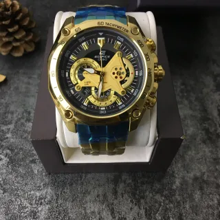 Casio Edifice Gold Blue Case Skeletonized Movement Window Watch