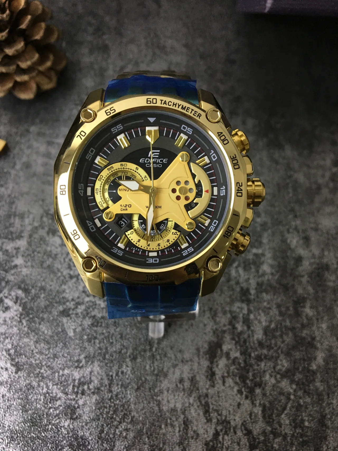 Casio Edifice Caja Oro Azul Movimiento Esqueleto Ventana Reloj 4