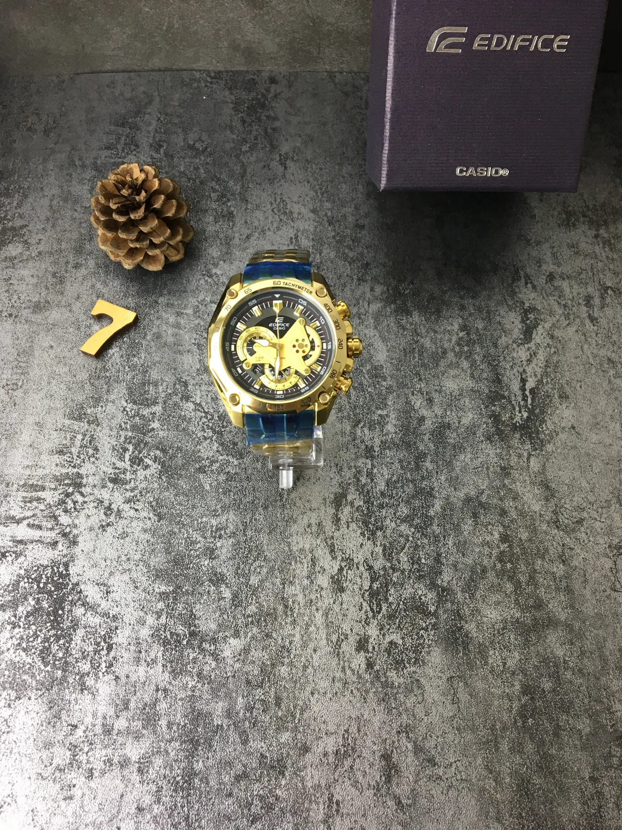 Casio Edifice Caja Oro Azul Movimiento Esqueleto Ventana Reloj 5