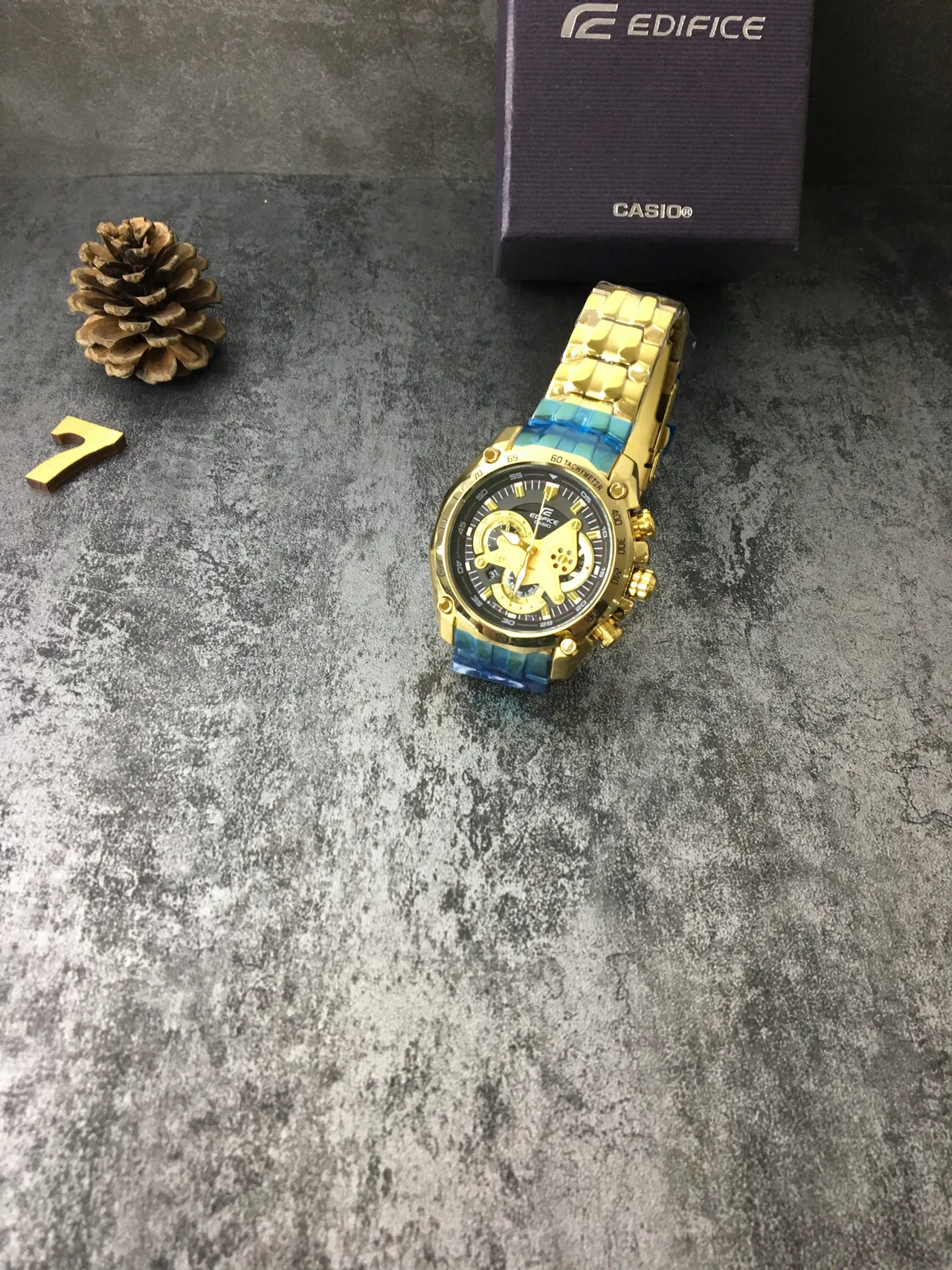 Casio Edifice Caja Oro Azul Movimiento Esqueleto Ventana Reloj 6