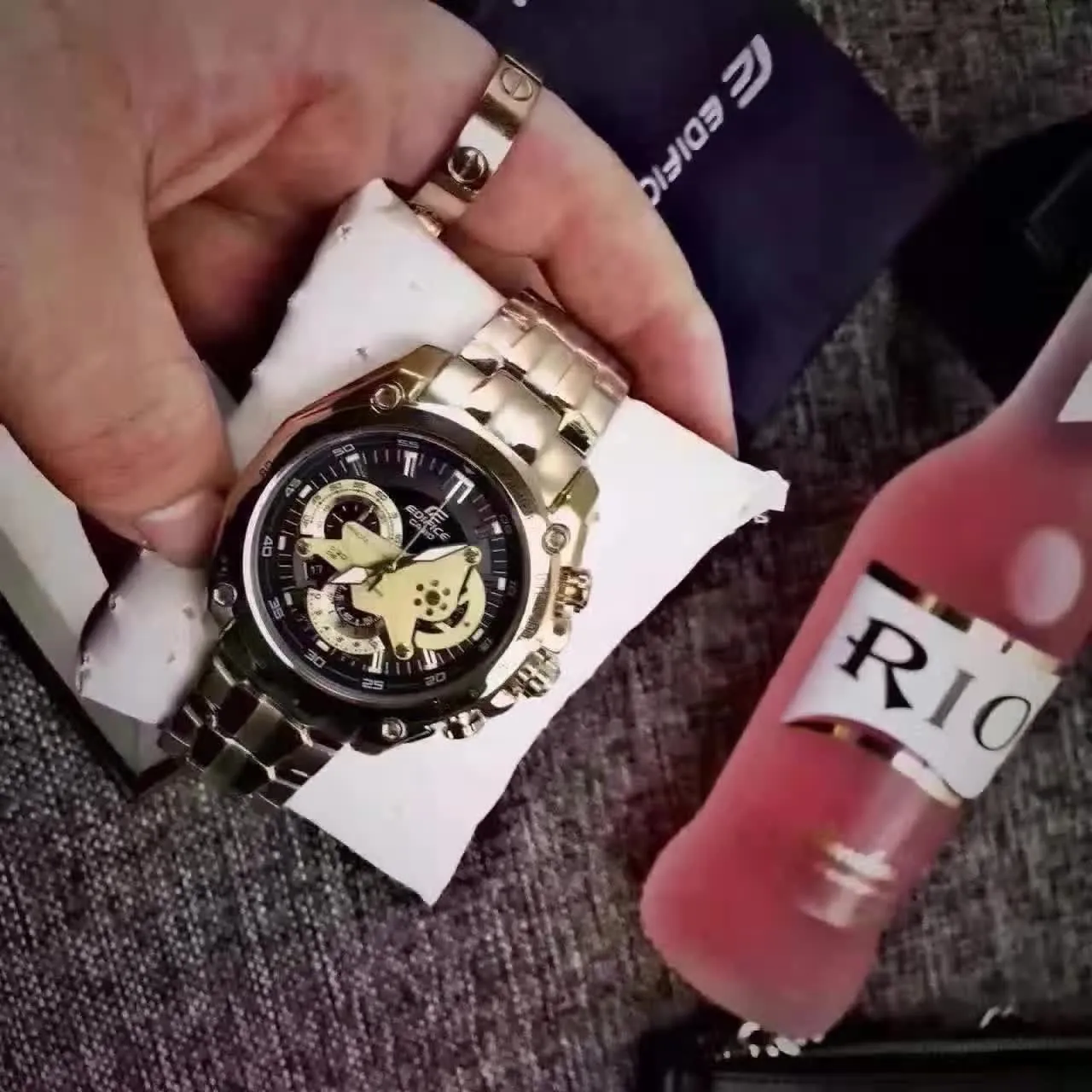 Casio Edifice Caja Oro Azul Movimiento Esqueleto Ventana Reloj 7