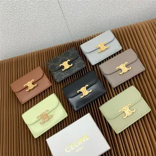 Celine Triomphe Beige Gold Compact Rectangular Silhouette Flap Closure Card Holder