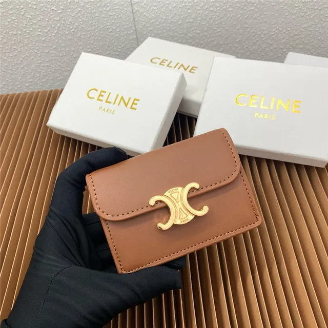 Celine Triomphe বেইজ সোনালি কম্প্যাক্ট আয়তাকার সিলহুয়েট ফ্ল্যাপ বন্ধ কার্ডধারক 7