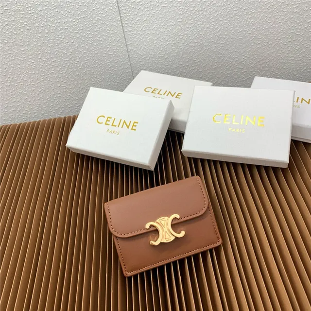 Celine Triomphe বেইজ সোনালি কম্প্যাক্ট আয়তাকার সিলহুয়েট ফ্ল্যাপ বন্ধ কার্ডধারক 10