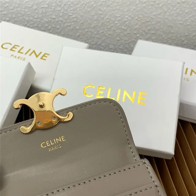Celine Triomphe বেইজ সোনালি কম্প্যাক্ট আয়তাকার সিলহুয়েট ফ্ল্যাপ বন্ধ কার্ডধারক 12