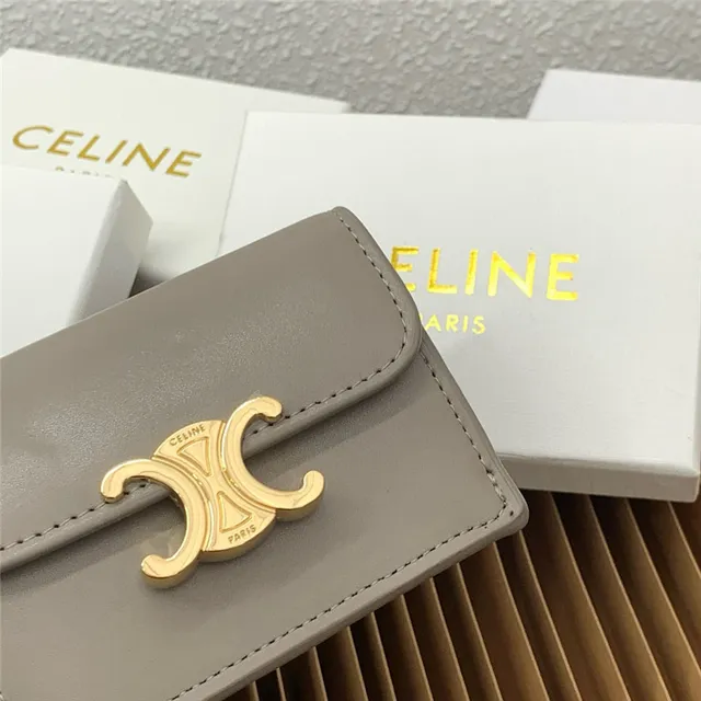 Celine Triomphe বেইজ সোনালি কম্প্যাক্ট আয়তাকার সিলহুয়েট ফ্ল্যাপ বন্ধ কার্ডধারক 15