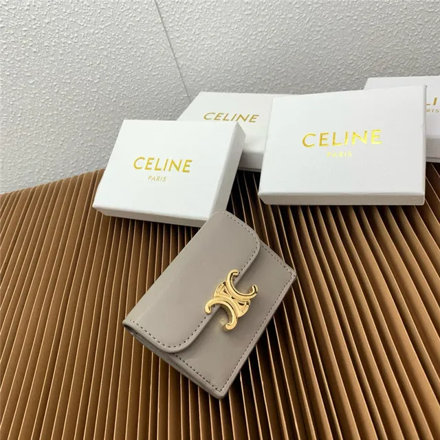 Celine Triomphe বেইজ সোনালি কম্প্যাক্ট আয়তাকার সিলহুয়েট ফ্ল্যাপ বন্ধ কার্ডধারক 18