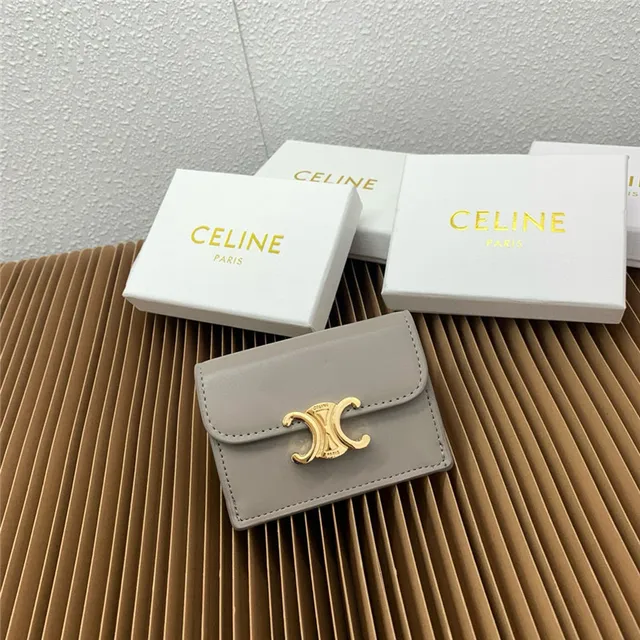 Celine Triomphe বেইজ সোনালি কম্প্যাক্ট আয়তাকার সিলহুয়েট ফ্ল্যাপ বন্ধ কার্ডধারক 19