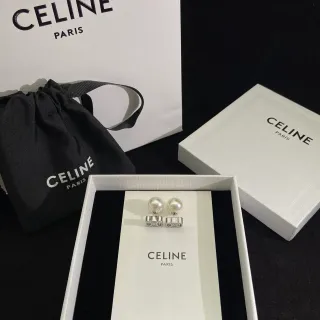 Celine White Silver Pearl Studs Geometric Base Earrings