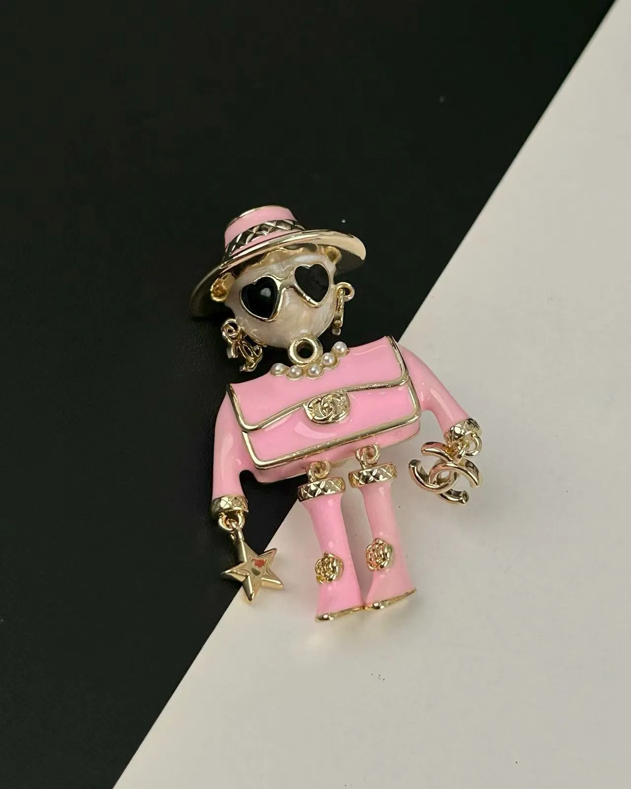 Chanel Black Pink Figurine-Style Enamel-and-Resin Brooch 4