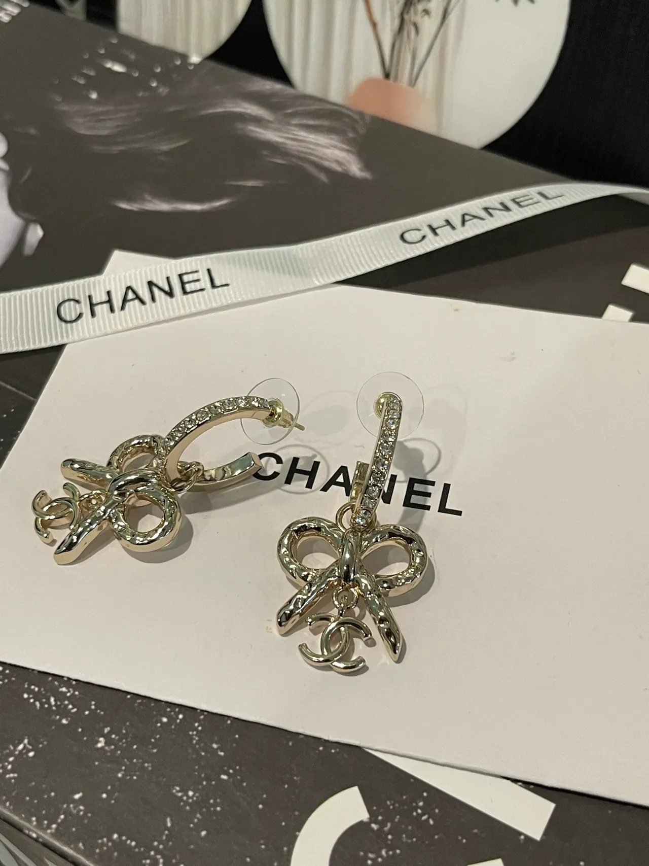 Chanel Bow and CC Pavé Crystal Dangling Earrings 5
