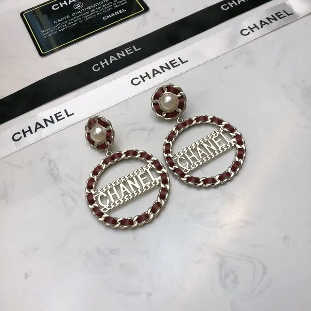 Chanel Aretes Burdeos Plata Logo-Cutout Aros Ovalados Borde Cadena Enlazada 3
