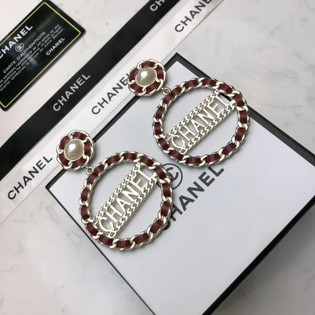 Chanel Aretes Burdeos Plata Logo-Cutout Aros Ovalados Borde Cadena Enlazada 6