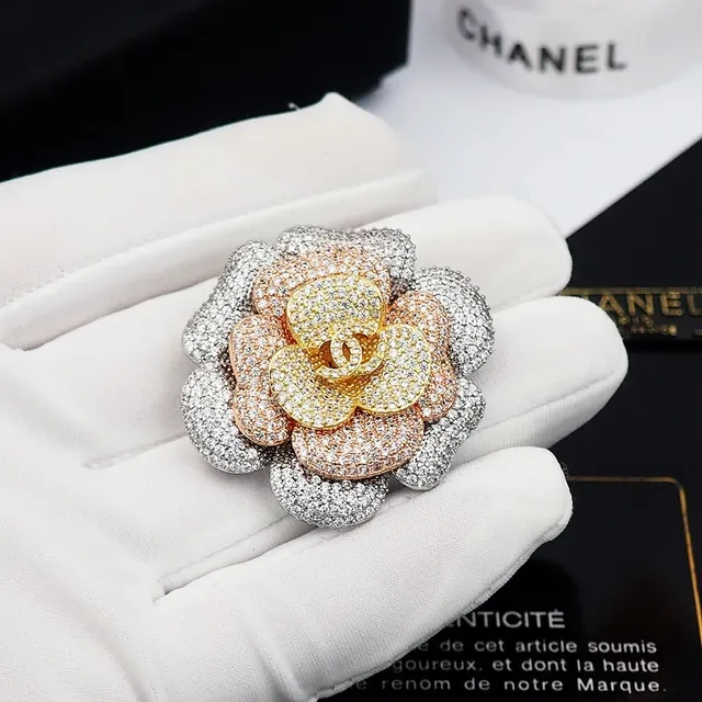 Chanel Camellia Crystal-Encrusted Multi-Tone Flower Brooch 6