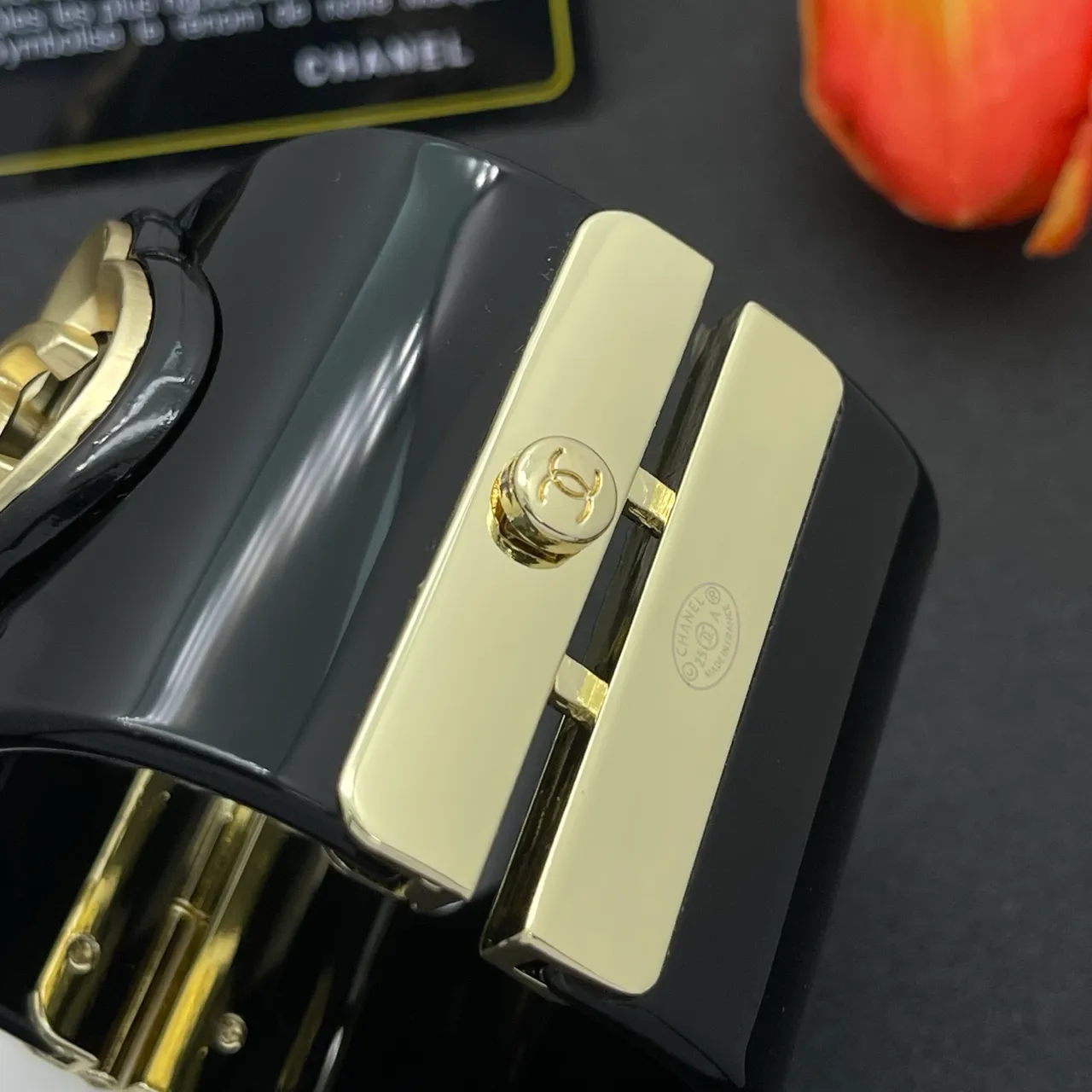 Chanel Camellia Cuff Black and Gold-Tone Bracelet 6