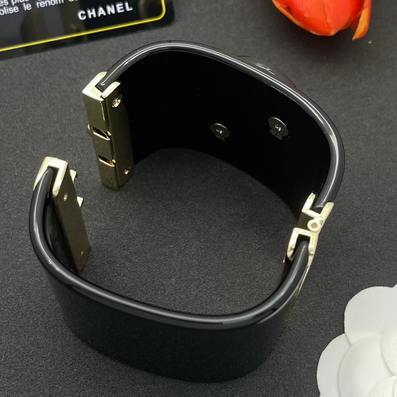 Chanel Camellia Cuff Black and Gold-Tone Bracelet 7