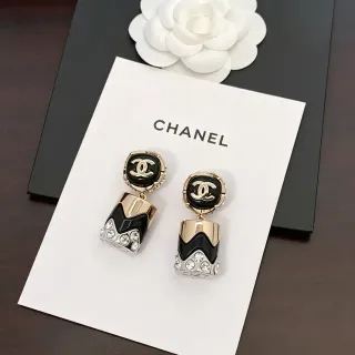 Chanel CC Logo Geometric Black and Gold Crystal Earrings