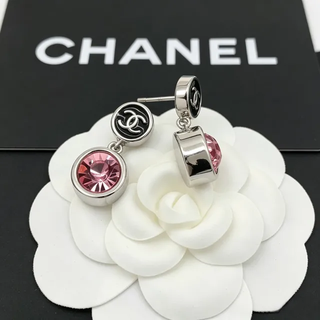 Chanel CC Logo Pink Crystal Drop Earrings 2