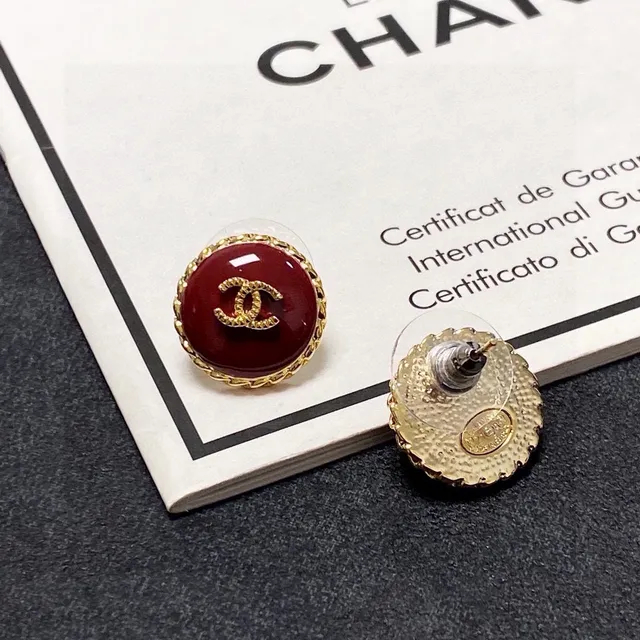 Chanel CC Logo Stud Red Gold Round Enamel Face Earrings 6