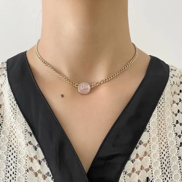 Chanel CC colar com pendentif corrente de ouro rosa corrente curb corrente circular esmaltada 3