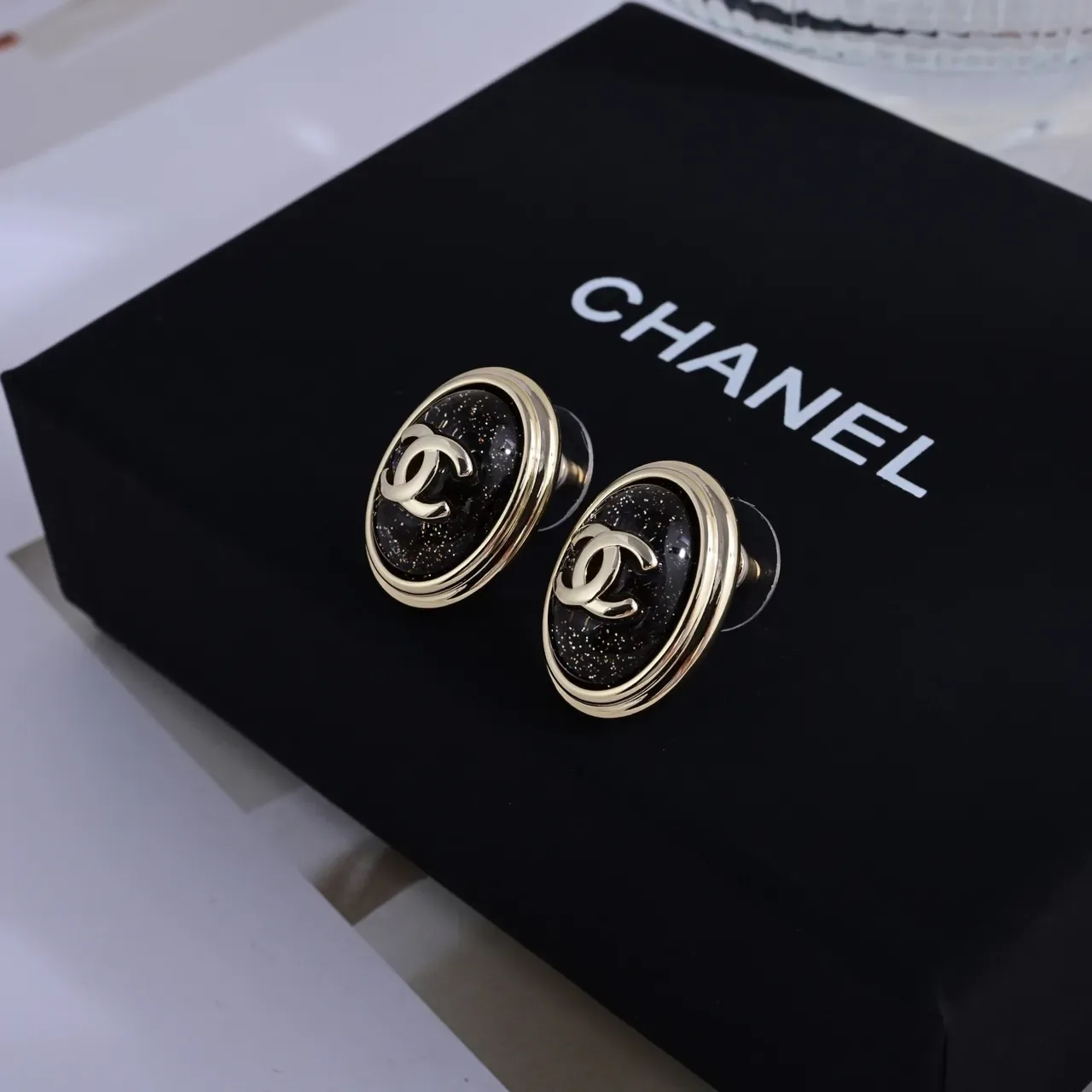 Chanel CC Stud Black Gold Oval Metal Earrings 5