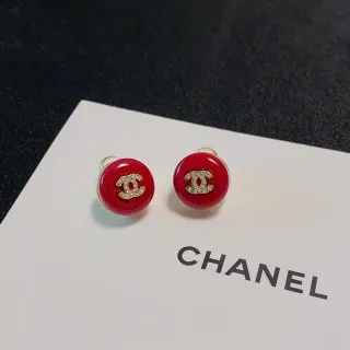 Chanel CC Pendientes Stud Rojo Dorado Redondos Esmaltados