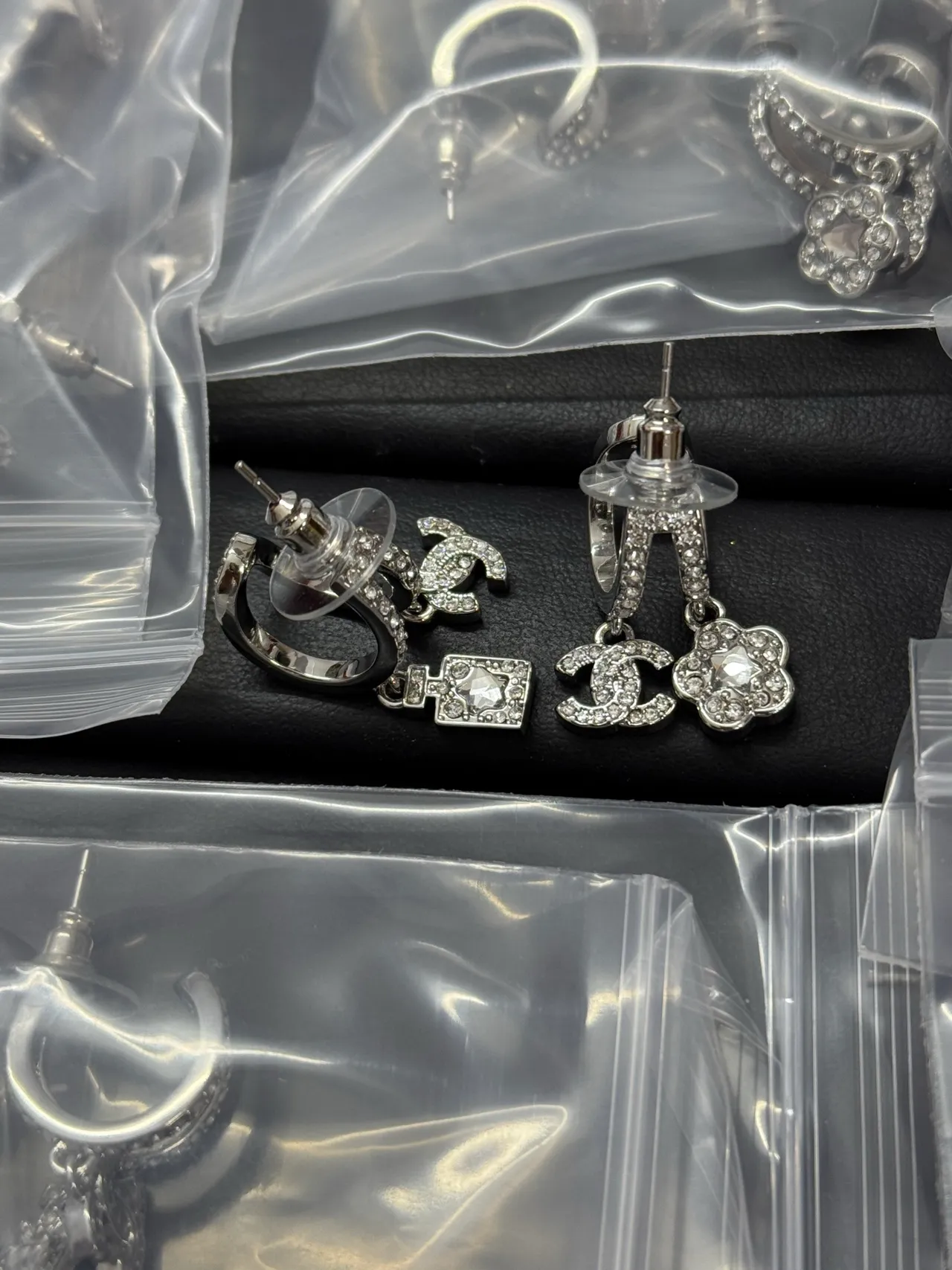 Chanel Classic Silver Transparent Crystal-Encrusted Interlocking CC Logo Earrings 3