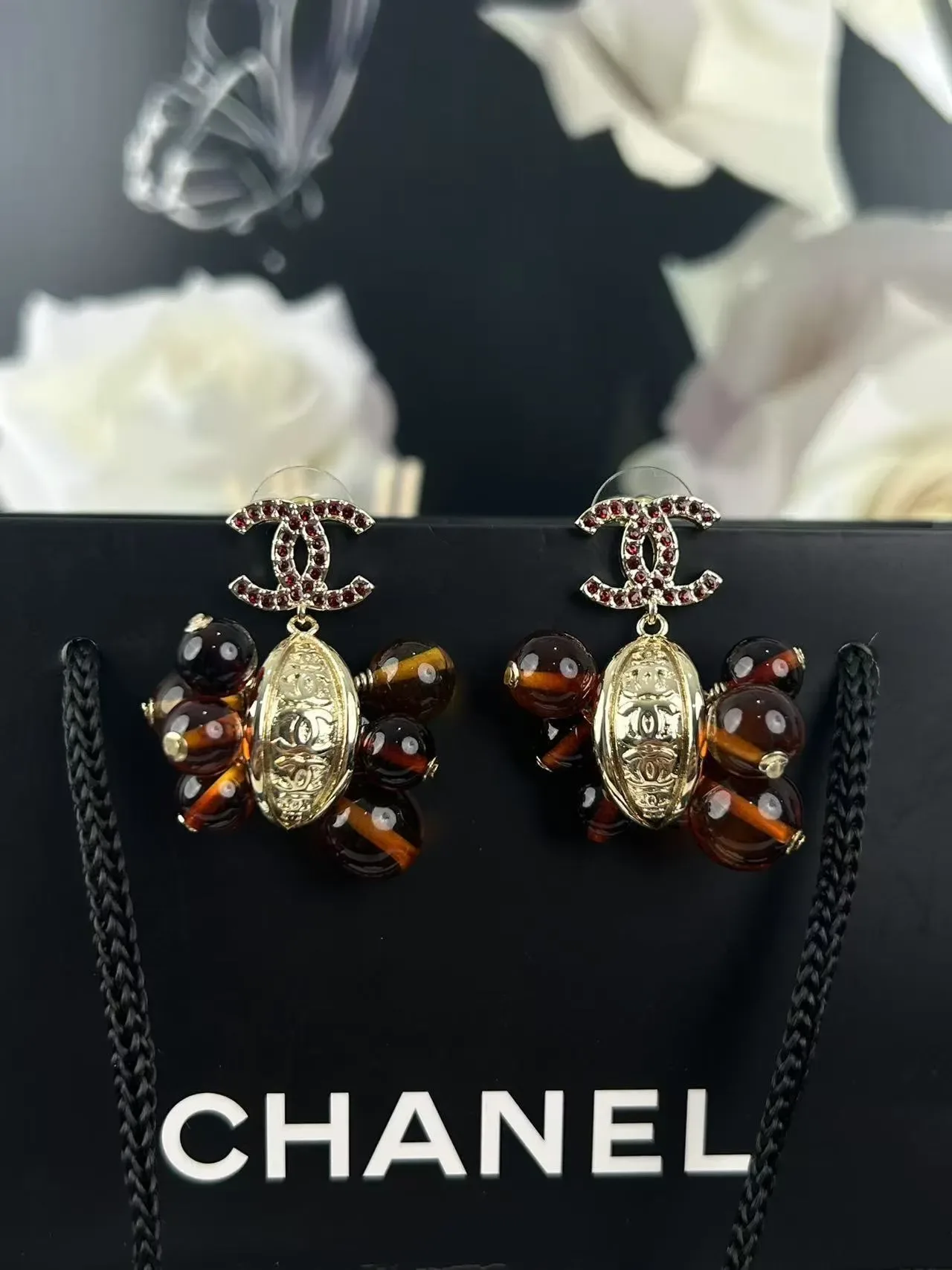 Chanel Crystal-Embellished Amber Bead Shield Earrings 3