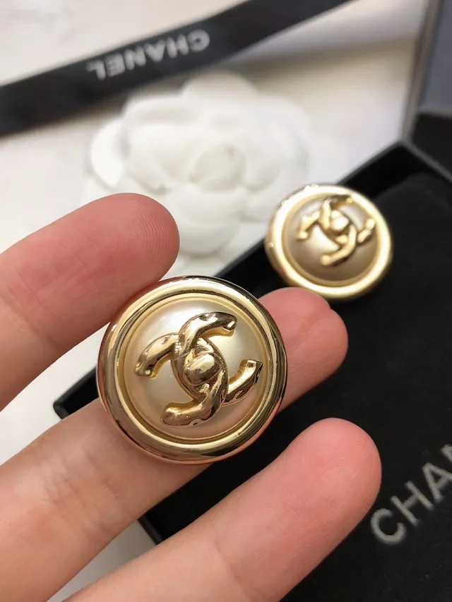 Chanel Gold Beige Round Button Metal Earrings 2