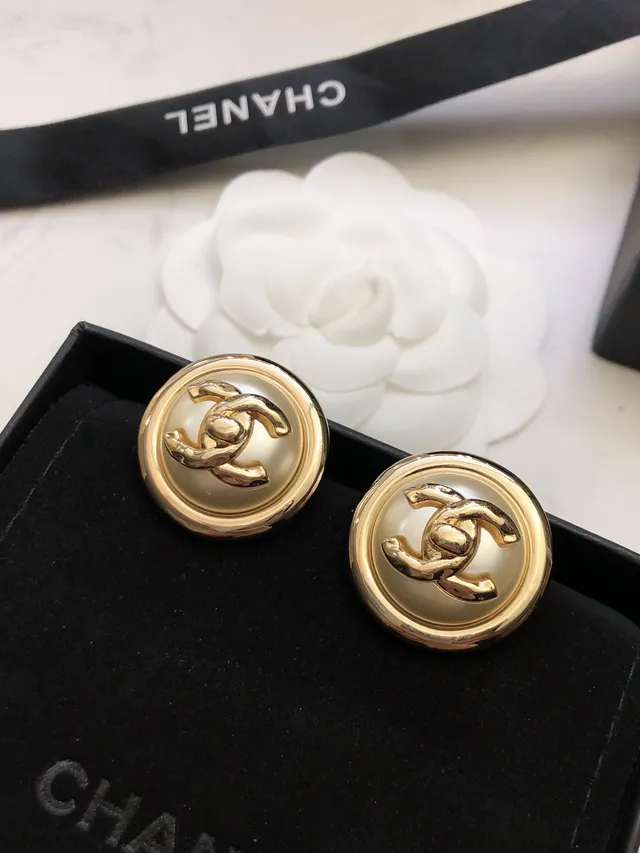 Chanel Gold Beige Round Button Metal Earrings 3