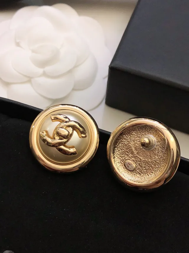 Chanel Gold Beige Round Button Metal Earrings 4