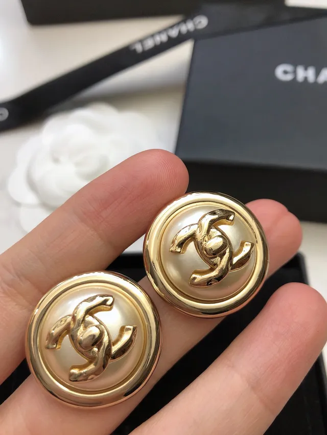Chanel Gold Beige Round Button Metal Earrings 5